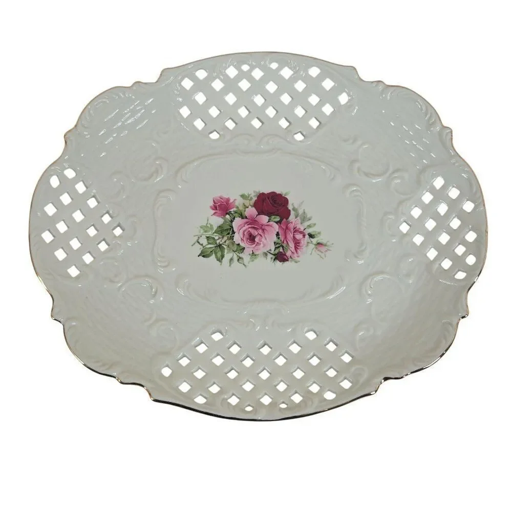 Vintage Formalities By Baum Bros Porcelain Reticulated Plate Pink Red Roses Gold